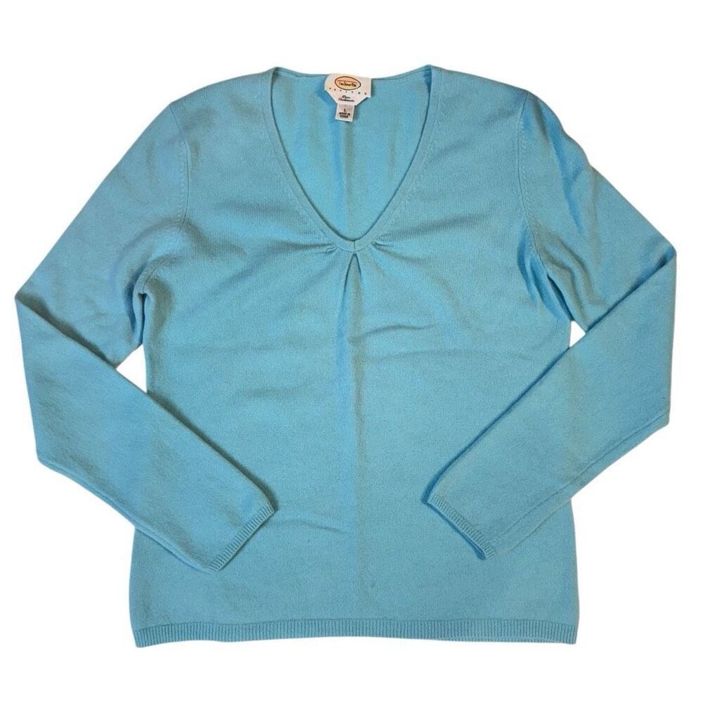 Talbots Pure Cashmere V-Neck Sweater in Aqua Blue Pleated Front FLAW L